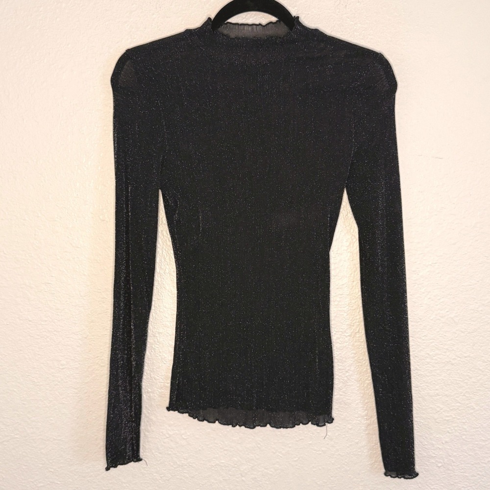 Whimsigoth Fairy Grunge Indie Black Glitter Sheer Mesh Mock Neck Layer Top Large